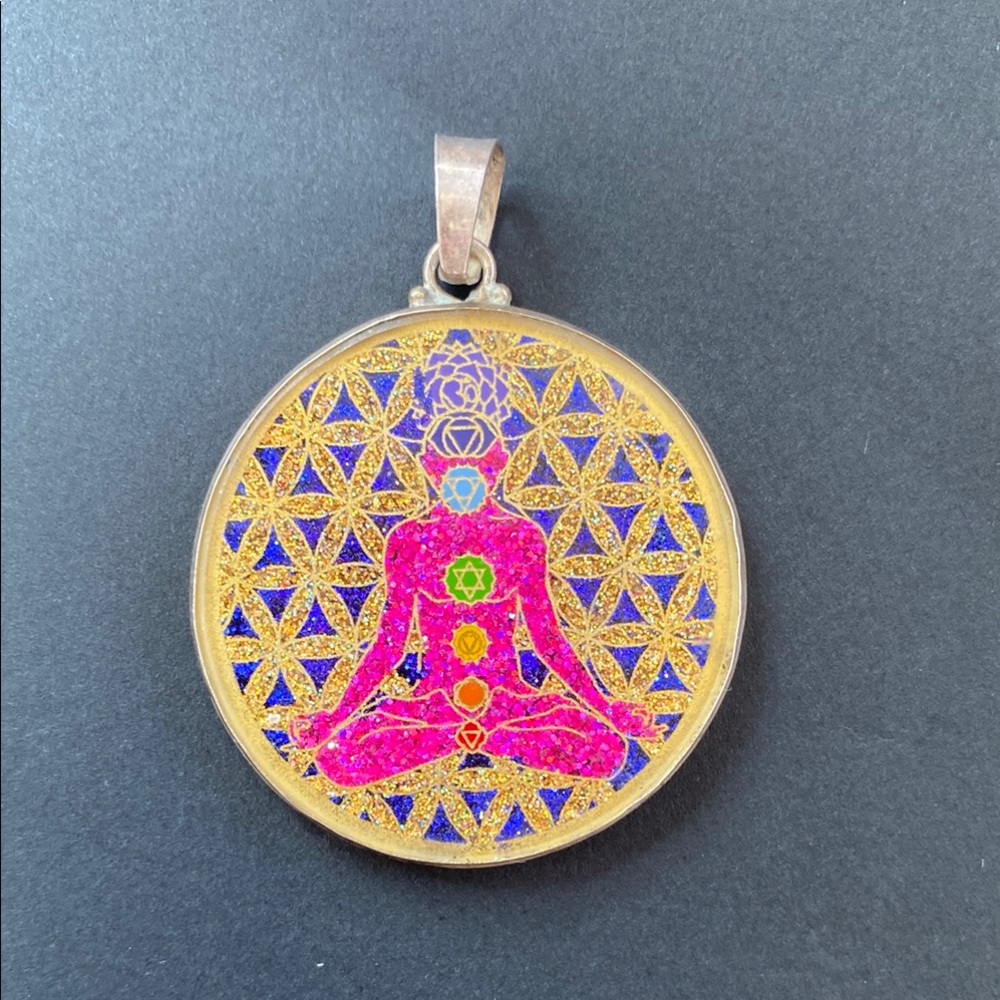 Sacred Chakra man Meditation Pendant with Gold and Pink Accents